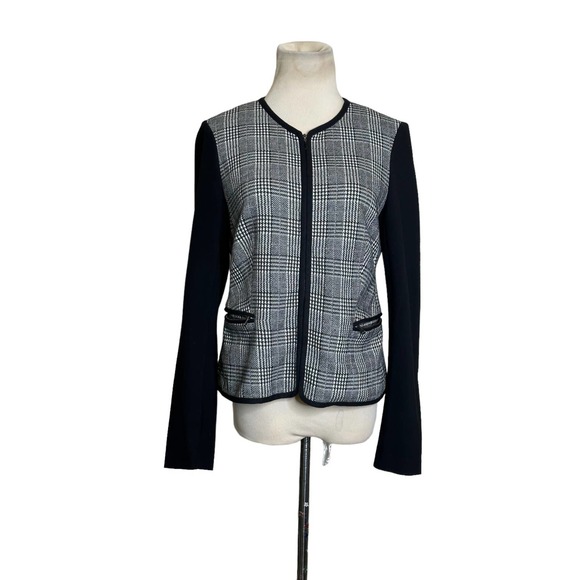 Talbots Black white Plaid Front Solid Sleeves Zip Blazer Jacket size 4 - Picture 9 of 9